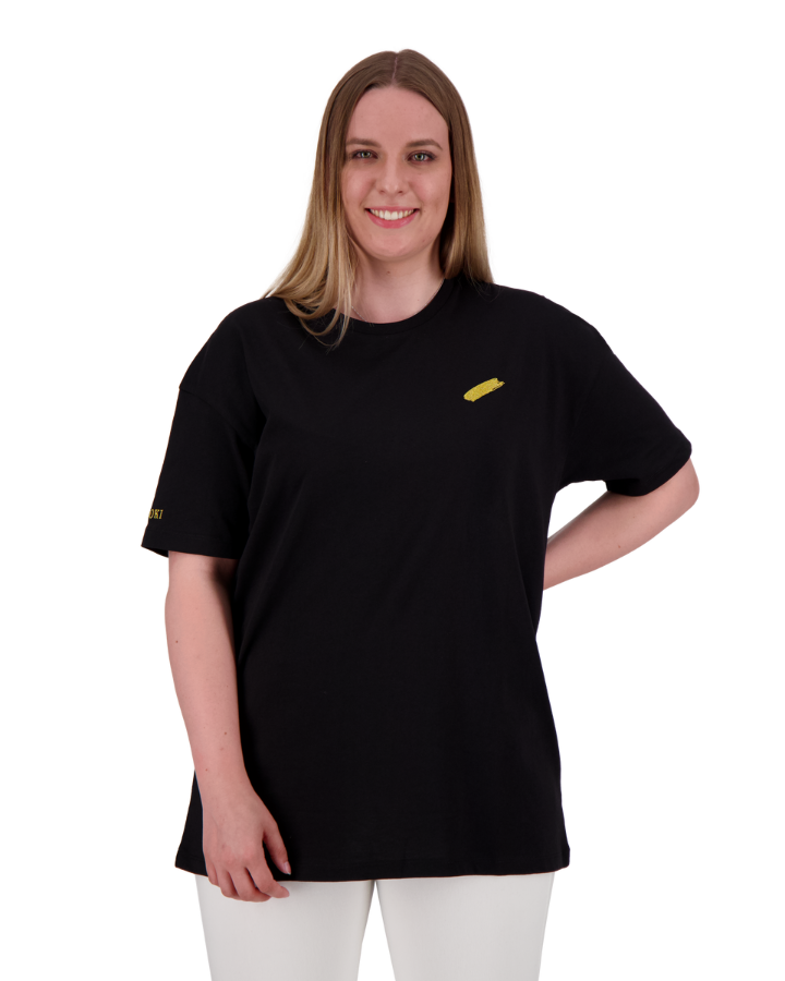 Schwarzes Damen Oversize T-Shirt mit goldenem Farbfleck in trendigem Design - bequem und stilvoll