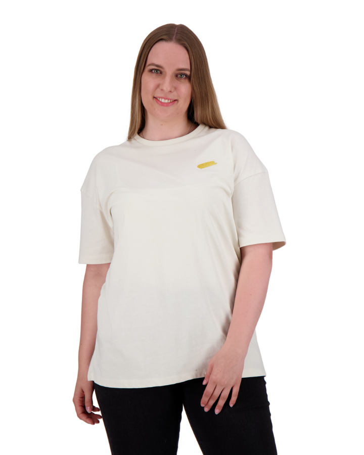 Creme Weisses Oversize MELOKI T-Shirt mit entspannter Passform und modernem Design – perfekt für einen lässigen Style