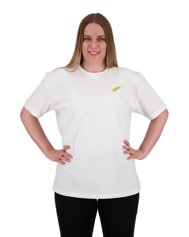 Stylisches Weisses Oversize T-Shirt mit goldenem Farbfleck für Damen - lässiger Komfort und trendiger Look