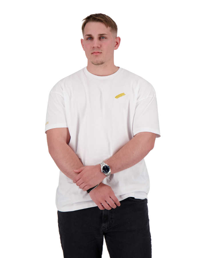 Stylisches Weisses Oversize T-Shirt mit goldenem Farbfleck für Herren - lässiger Komfort und trendiger Look