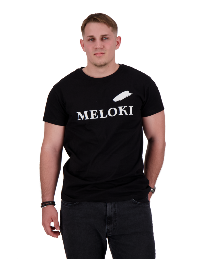 MELOKI Unisex-T-Shirt in Schwarz mit weissem Farbfleck - Spenden für Joel Kinderspitex, modisch, stilvoll und zeitlos aus Bio-Baumwolle mit Stickerei