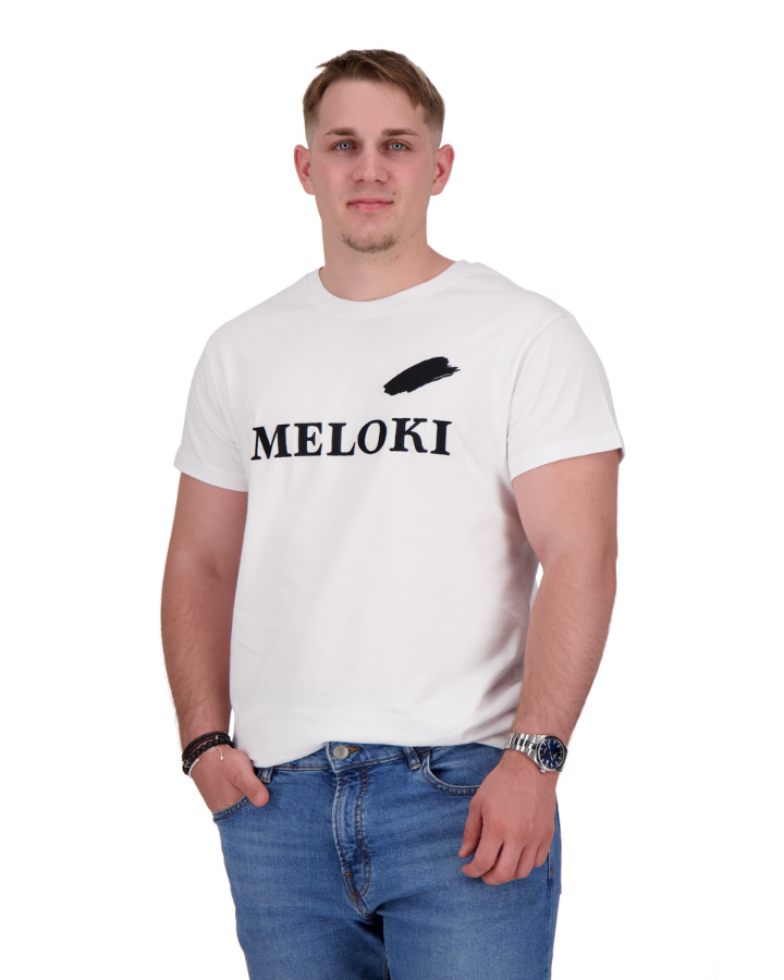 MELOKI weisses T-Shirt mit schwarzem Farbfleck - Spenden für Mensch und Tier im Glück, modisch und aus Bio-Baumwolle für Tierfreunde