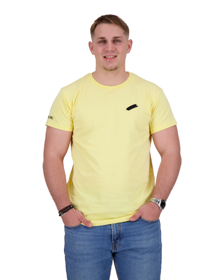 MELOKI Unisex-T-Shirt in Gelb mit schwarzem Farbfleck - Unterstützung von Mensch und Tier im Glück durch Spenden