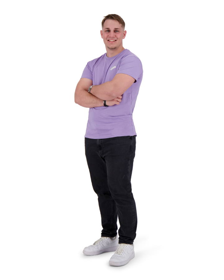 MELOKI Unisex-T-Shirt in Violett mit Spenden für die Joel Kinderspitex und unauffälligem weissem Farbfleck - modisch und wohltätig zugleich